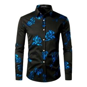 Zeroyaa Men’s Hipster Rose Floral Print Slim Fit Long Sleeve Button-Up in XL